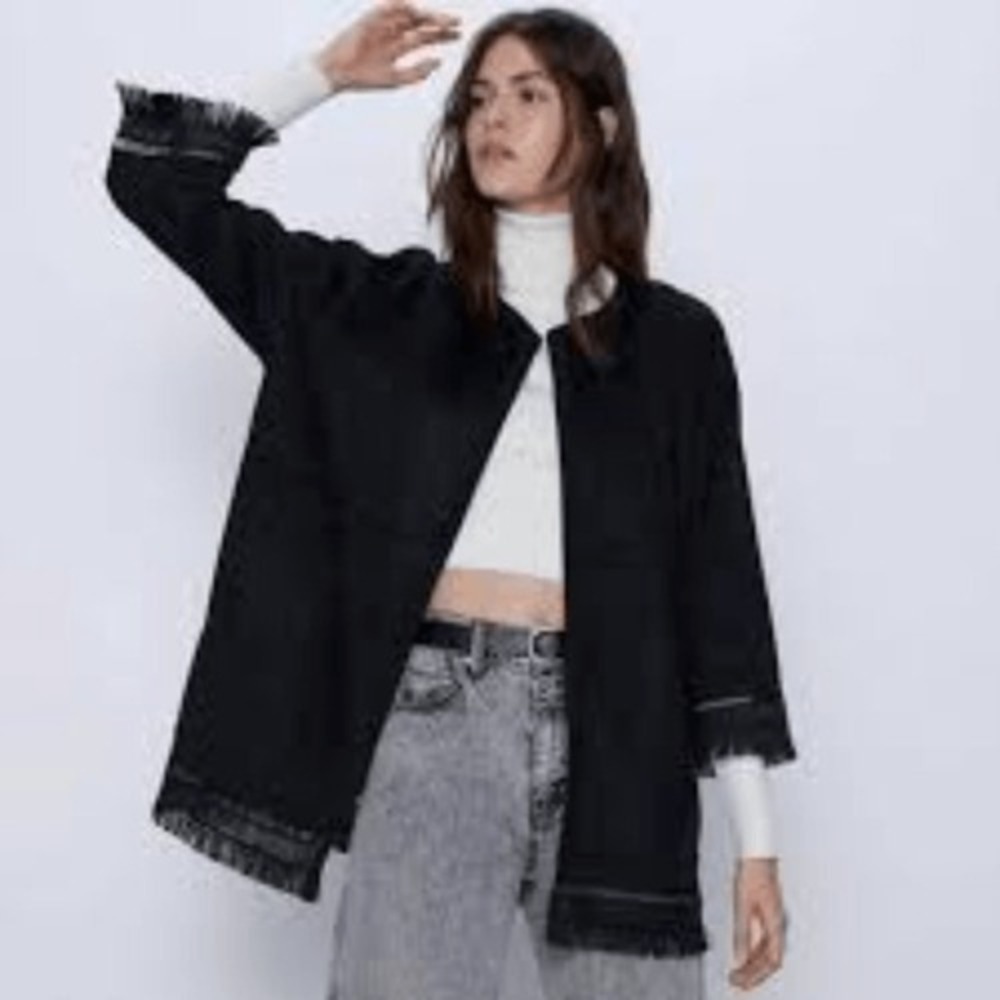 Zara Black Faux Suede Fringe Crochet Lace Trim Open Front Jacket NWT M
